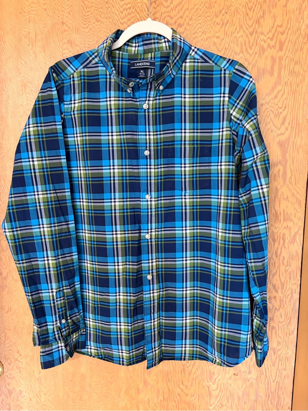 Boys’ Lands' End Blue, Green & Navy Plaid Button-Down Shirt